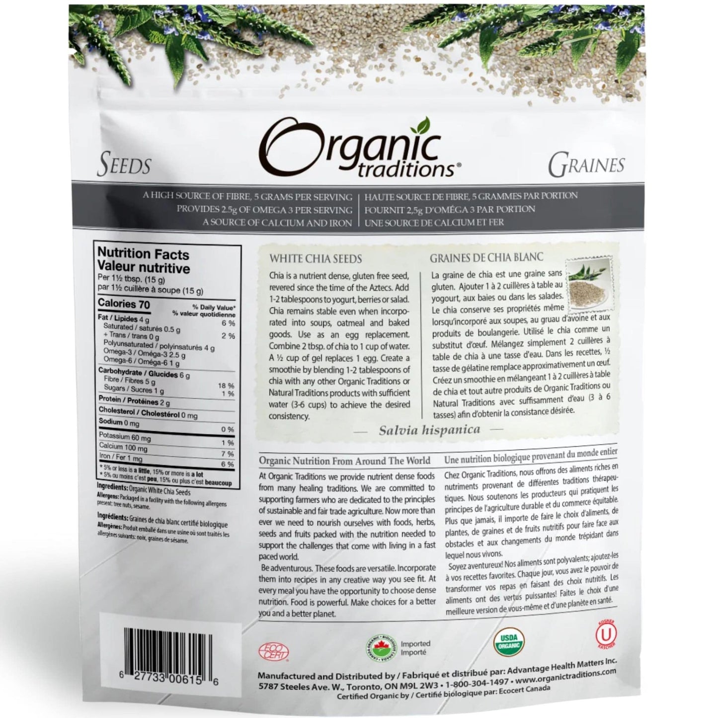 454g | Organic Traditions White Chia Seeds 16oz // Back Information