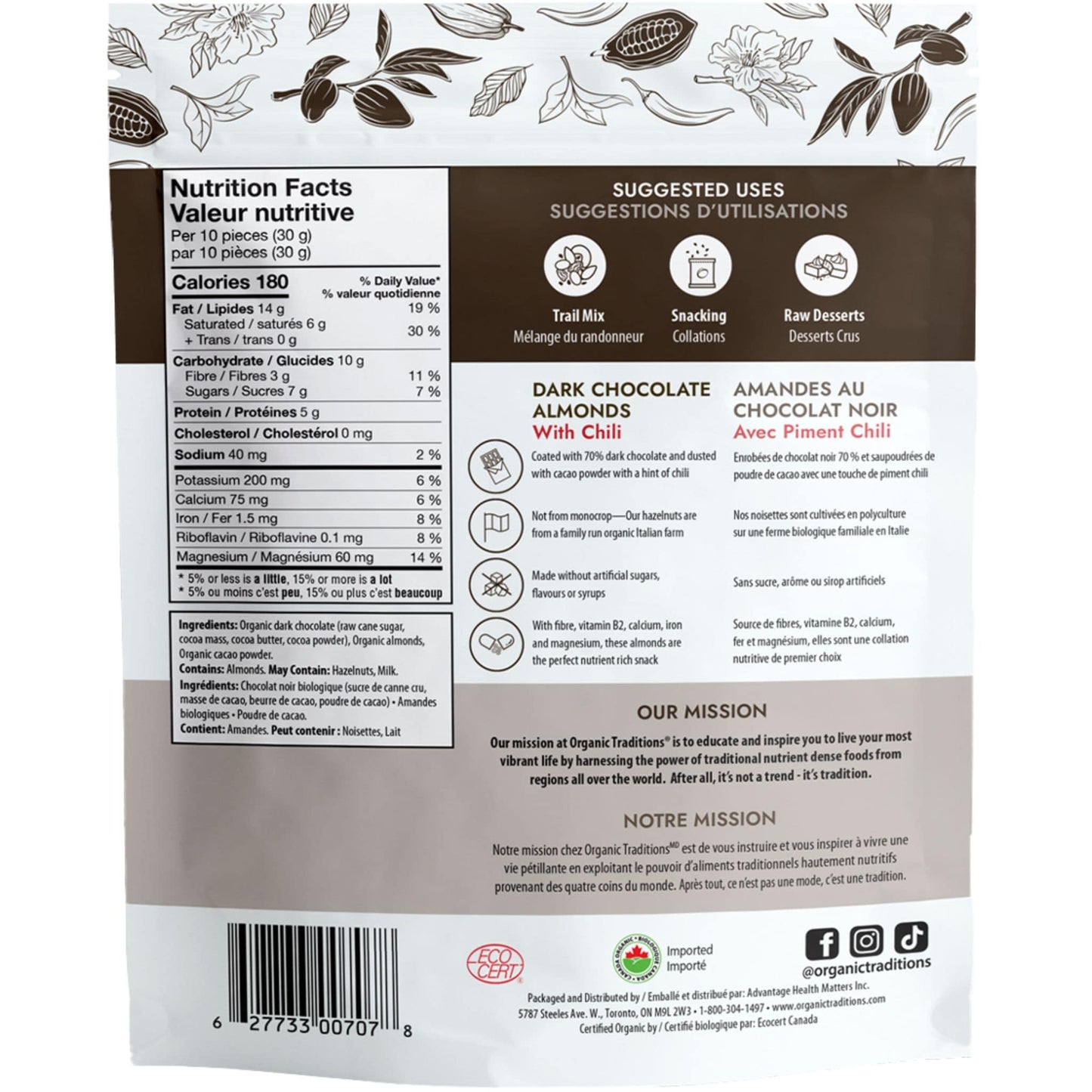 227g | Organic Traditions Dark Chocolate Almonds With Chili 8oz // Back Information
