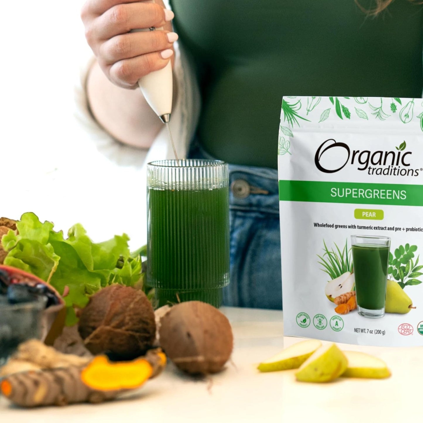 Pear, 100g | Organic Traditions Supergreens with Turmeric and Pre + Probiotics 3.5 oz // Infographic