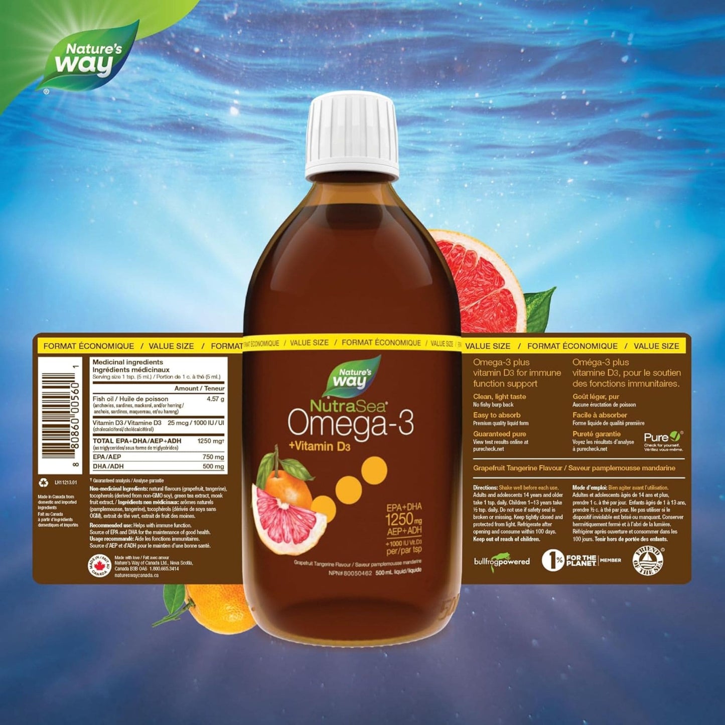 Grapefruit Tangerine Flavour, 200 mL | Nature's Way NutraSea Omega-3 + Vitamin D3 1000 IU / EPA+DHA 1250 mg