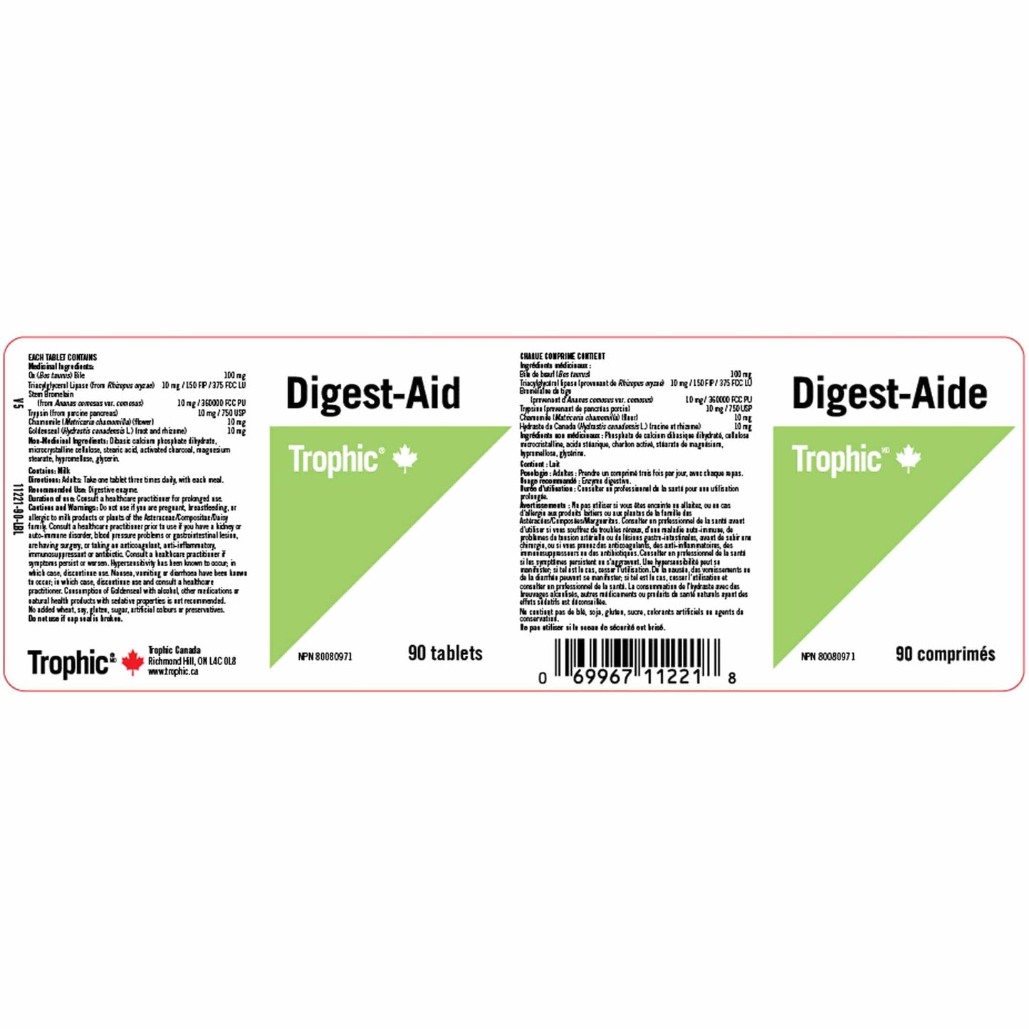 90 Tablets | Trophic Digest-Aid Nutrition Label