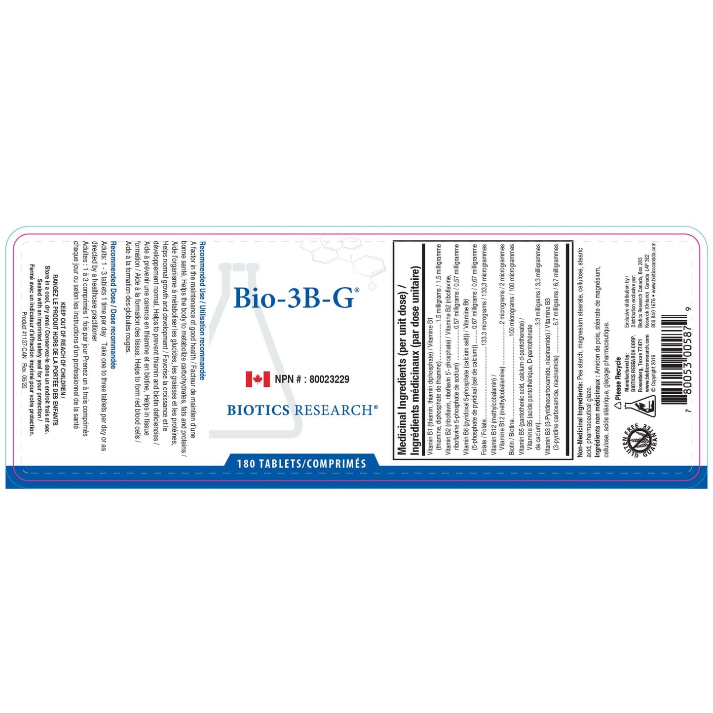 180 Tablets | Biotics Research Bio-3B-G B-Complex