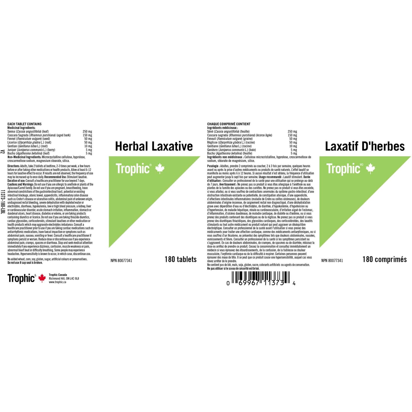 180 Tablets | Trophic Herbal Laxative Nutrition Label