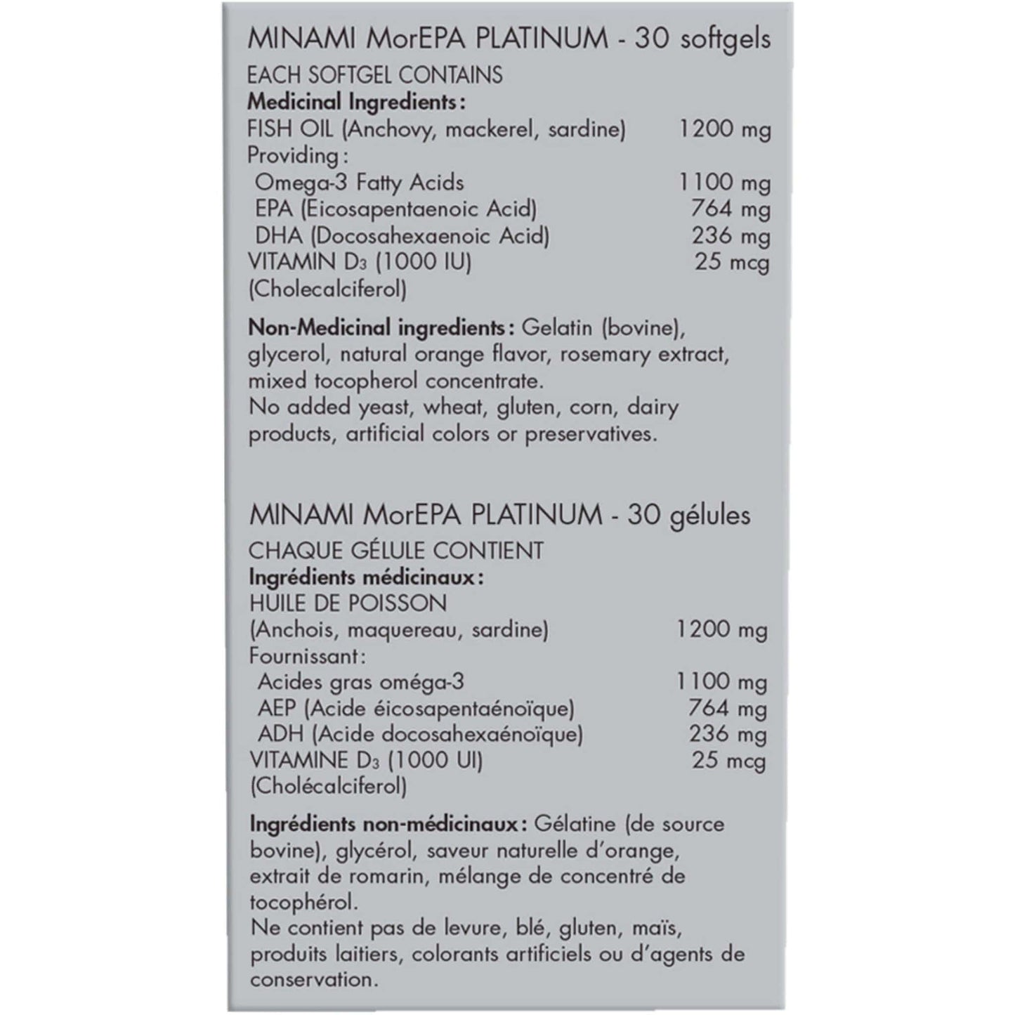 Natural Orange 30 Softgels | Minami Nutrition MorEPA Platinum // Natural Orange flavour Nutrition Label