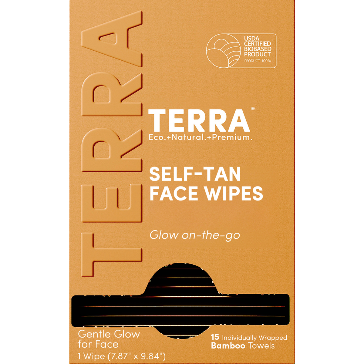 Terra Self-Tan Face Wipes, Buildable Sunless Tanning Wipes with Hyaluronic Acid, Aloe and Chamomile, 15 Count