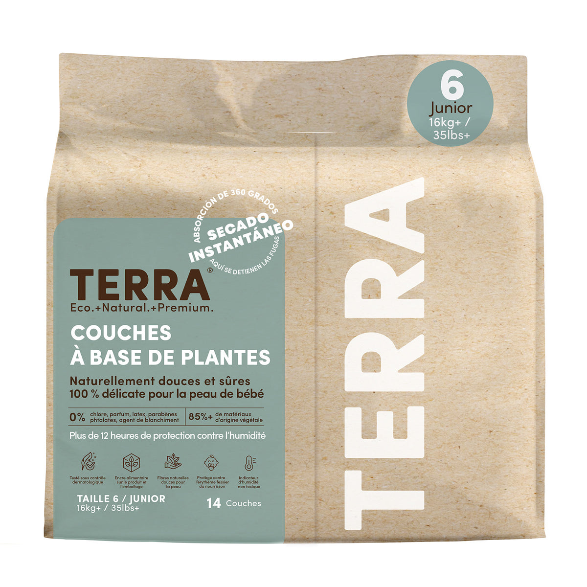 Terra Bamboo Diapers with Wetness Indicator and Absorbent Core, Size 1 Newborn to Size 6 Junior - Size 6 Junior, 14 Count