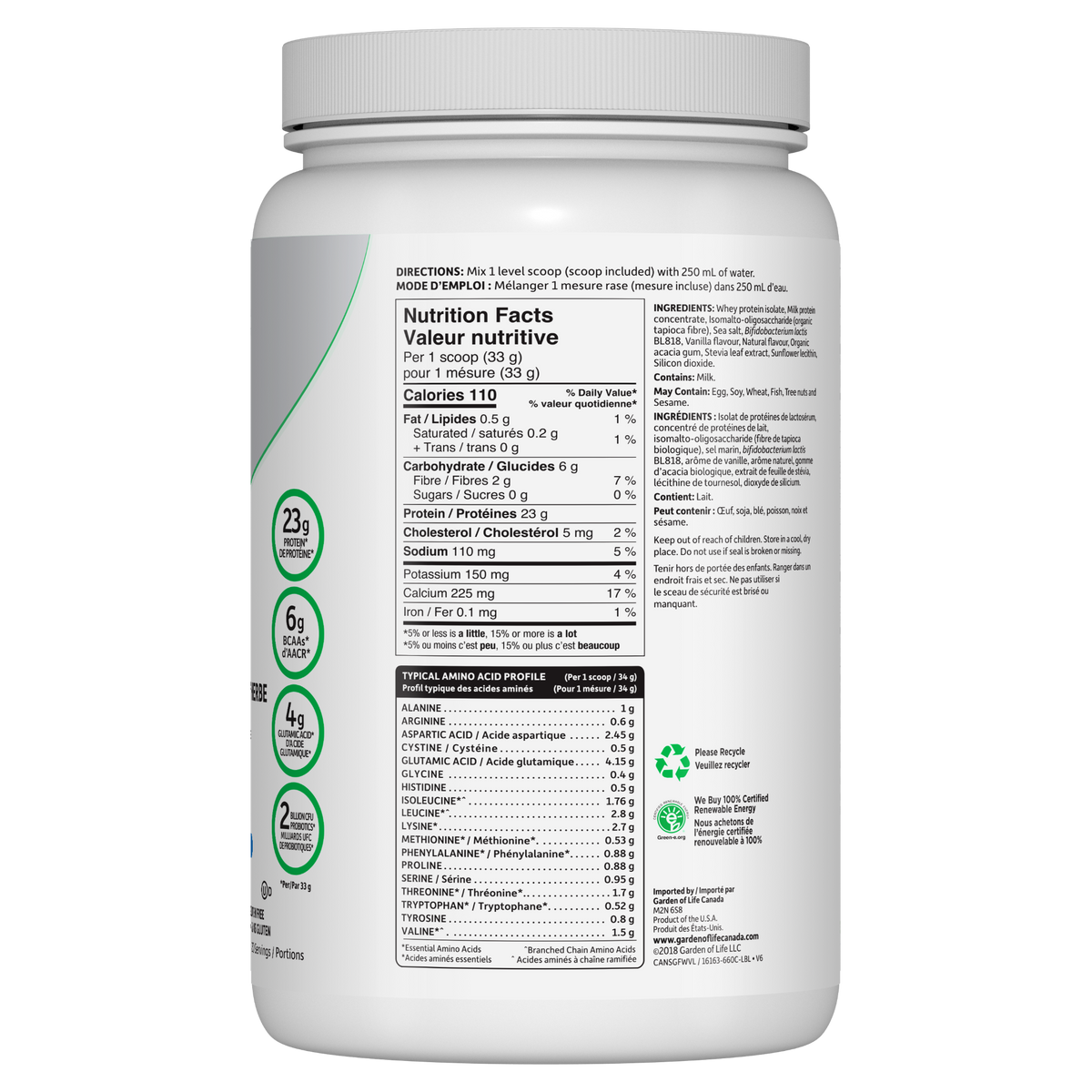 Garden of Life Sport Certified Grass Fed Whey Protein, Vanilla, 660g - right side