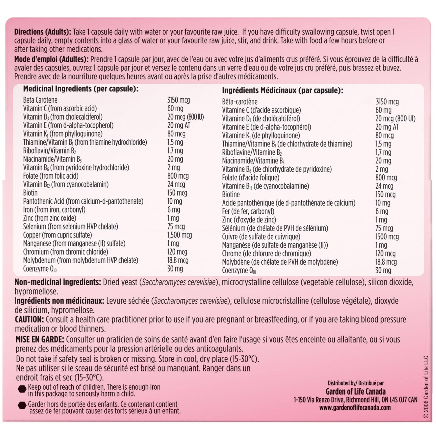 75 Capsules | Garden of Life Vitamin Code Raw One for Women Nutrition Label