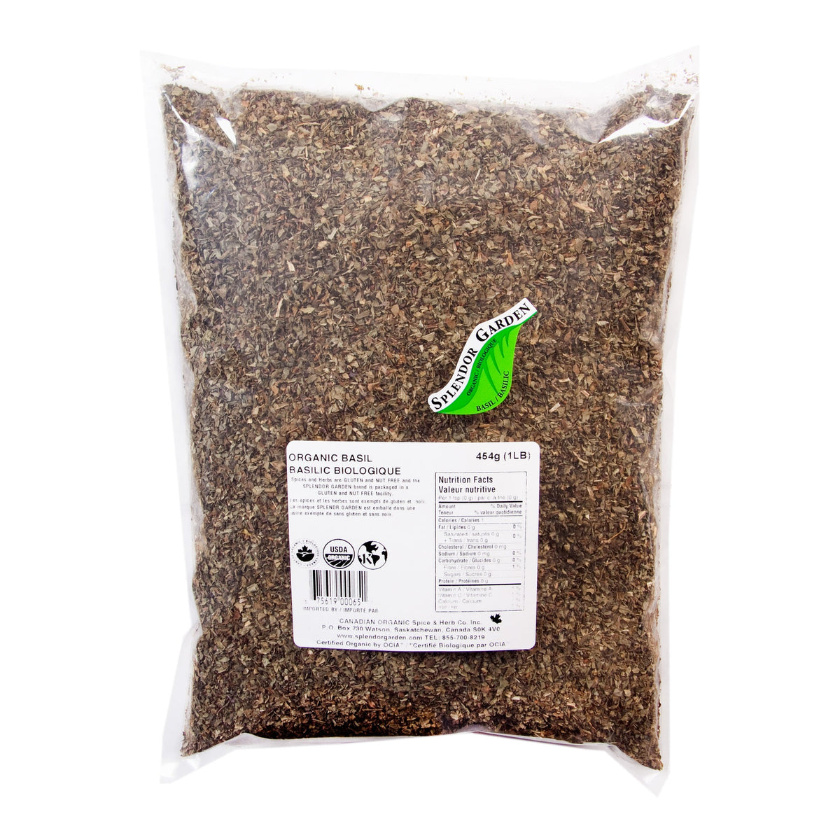 Splendor Garden Organic Basil, Dried Leaf, 454g Bulk Bag