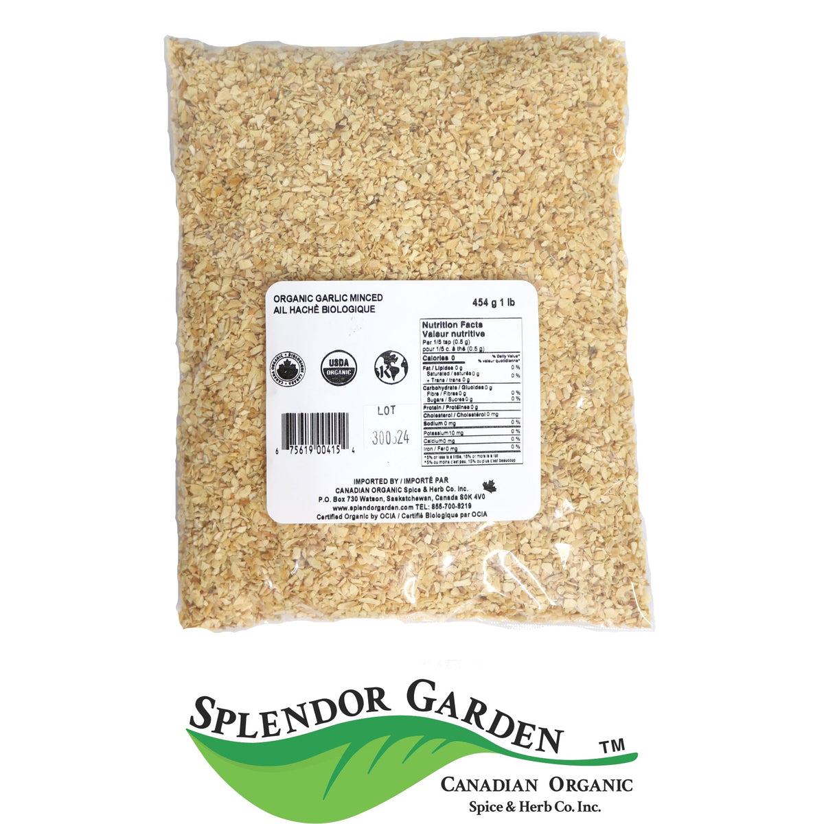 Splendor Garden Organic Garlic, Minced, 454g Bulk Bag