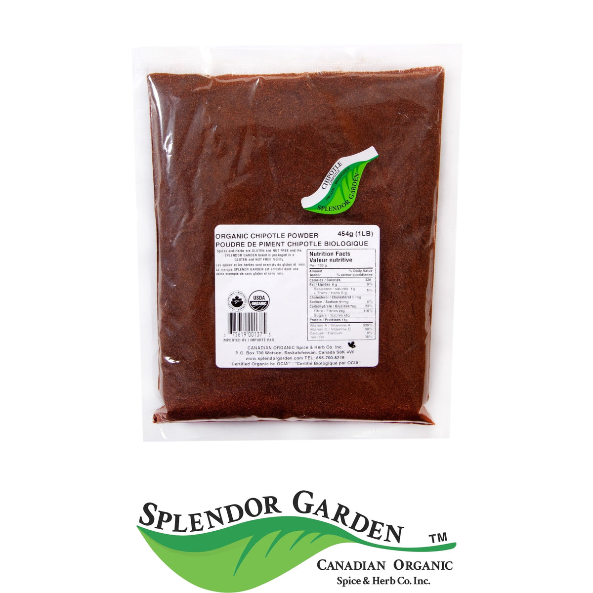Splendor Garden Organic Chipotle Chili, Powder, 454g Bulk Bag
