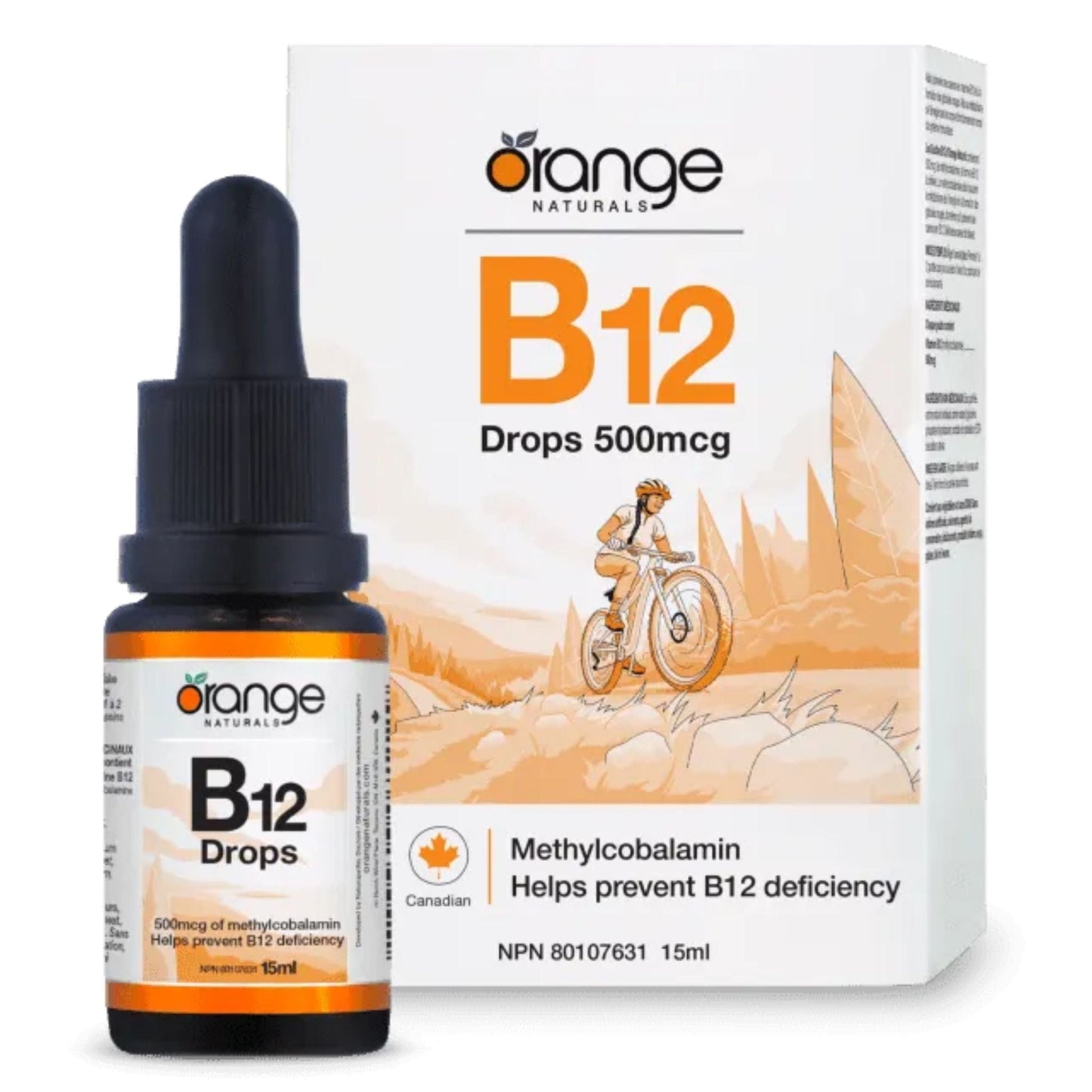 Orange Naturals B12 Methylcobalamin Drops 500mcg 15ml bottle, blueberry flavor