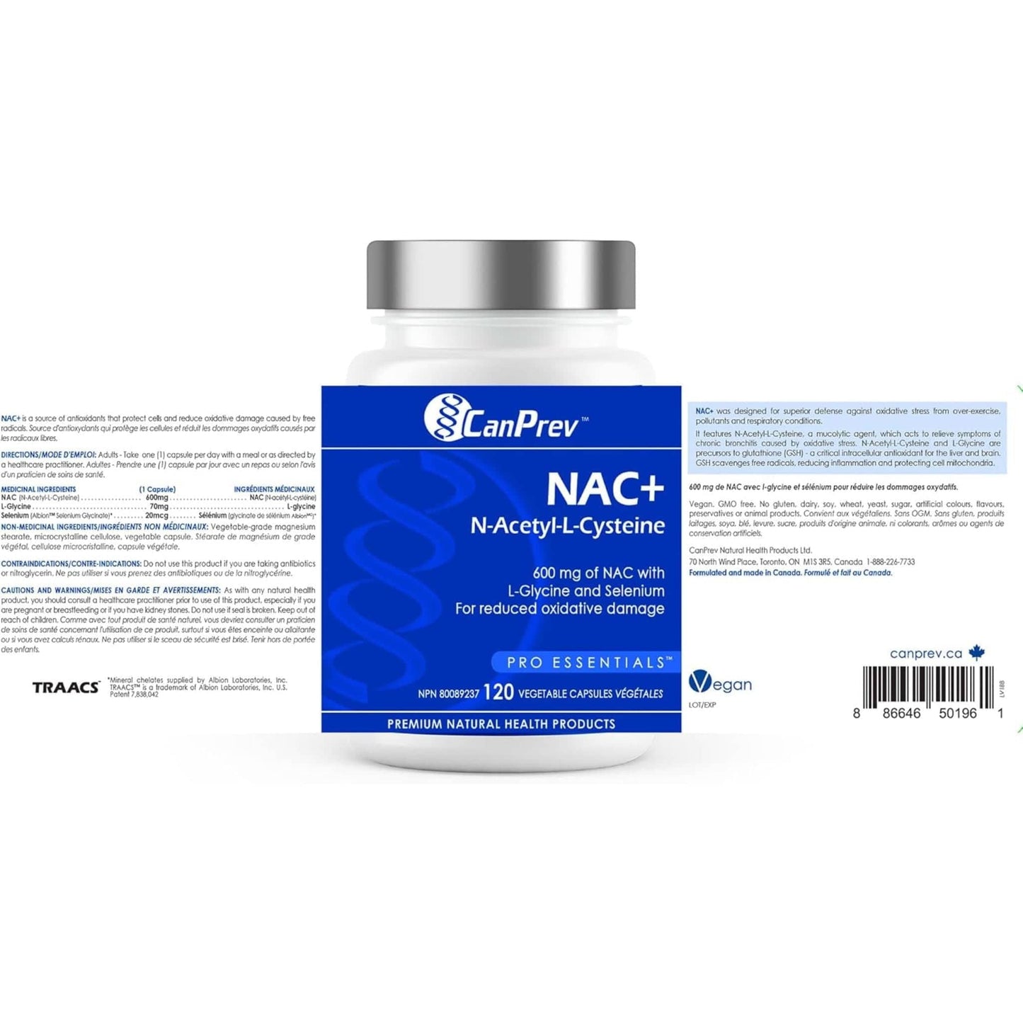 120 Vegetable Capsules | CanPrev NAC (N-Acetyl-L-Cysteine) 600mg with Glycine and Selenium