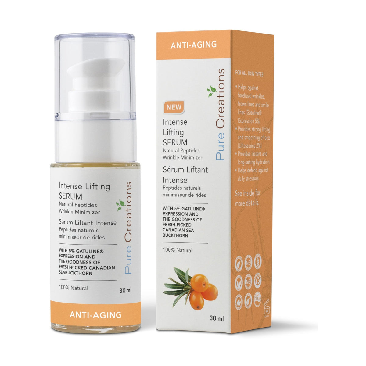 Pure Creations Intense Lifting Serum with Peptide, 5% Gatuline Expression, Hyaluronic Acid, Tremella and 5% Sea Buckthorn, 30ml