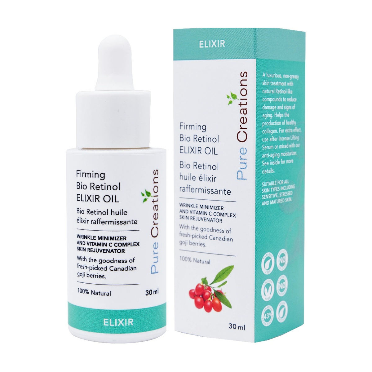 Pure Creations Firming Bio-Retinol Elixir Face Oil with 1% Bakuchiol, 19% Vitamin C Complex, CoQ10 and Hyaluronic Acid, 30ml