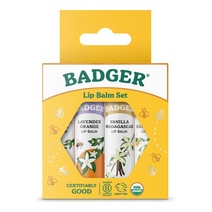 Badger Classic Lip Balm 4-Pack - Gold Box: Pink Grapefruit, Lavender, Tangerine, Vanilla