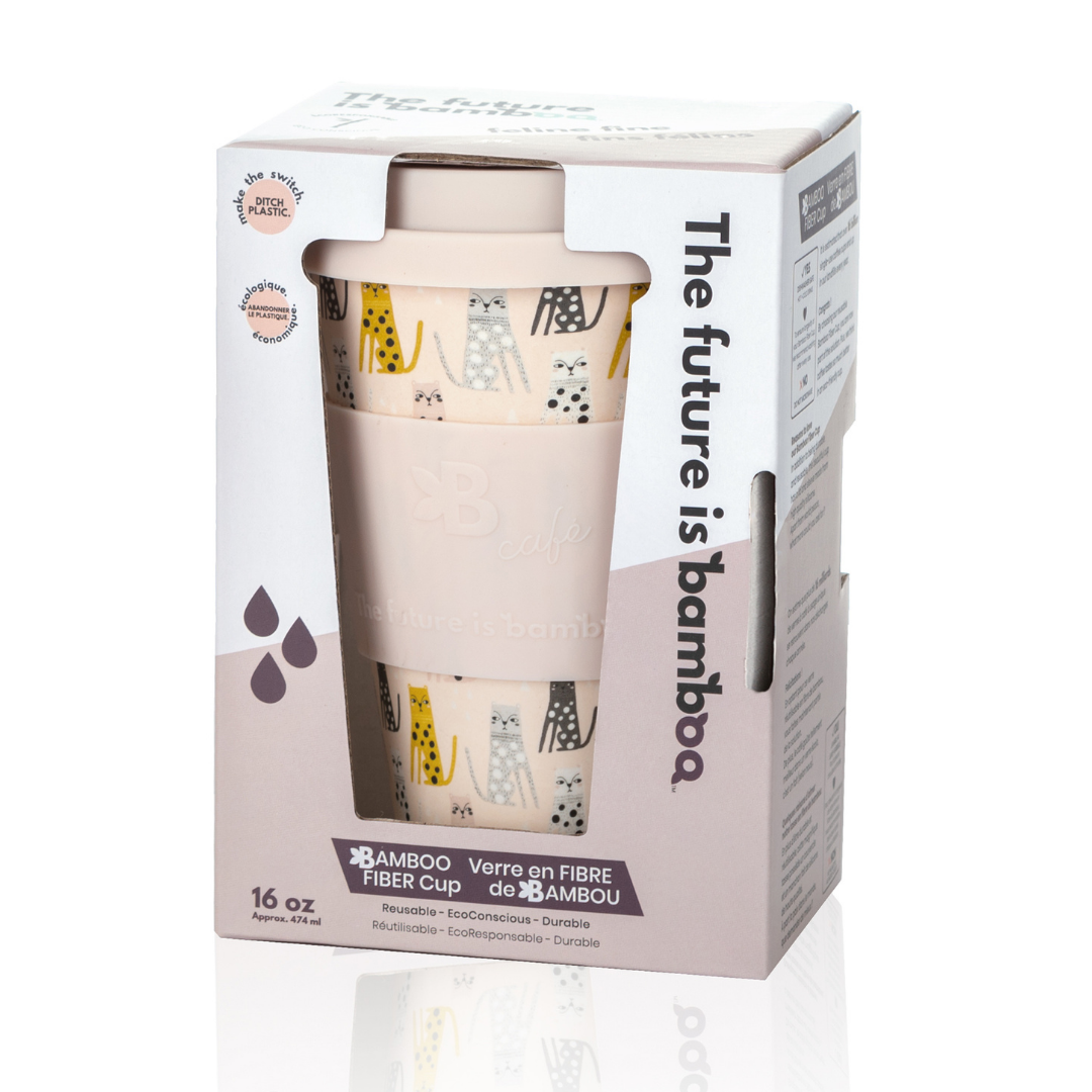 The Future Is Bamboo B. Café Reusable Bamboo Fibre Coffee Cup with Silicone Lid and Sleeve, 16 oz, Sugar Bush, Take Your Time, Onyx Marble or Feline Fine - Feline Fine