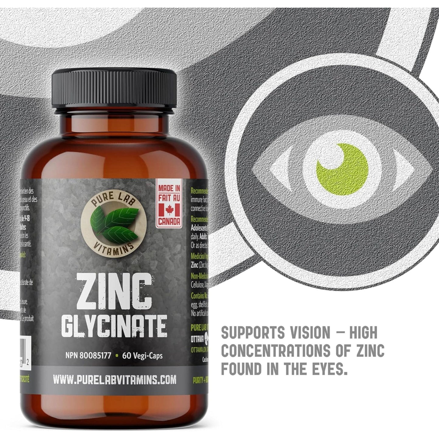 60 Vegetable Capsules | Pure Lab Vitamins Zinc Glycinate Infographic