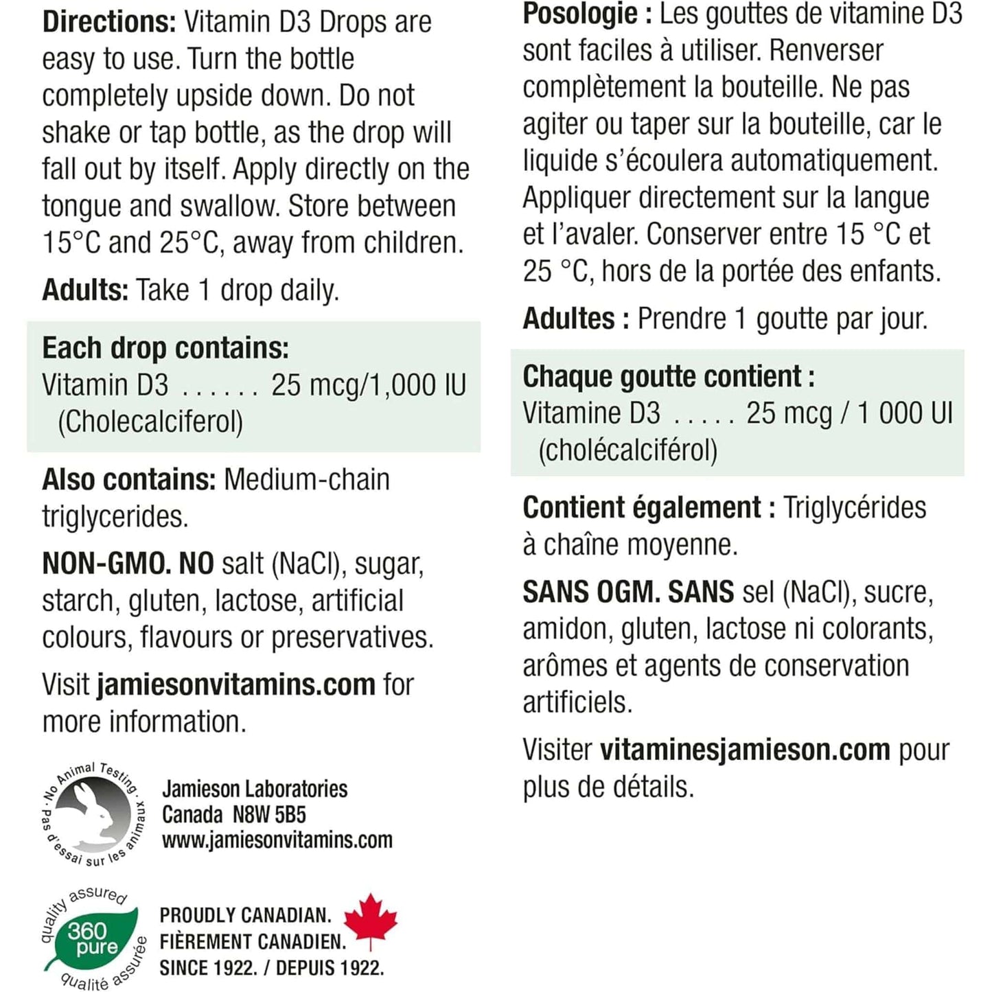 360 Liquid Dops, 11.4mL | Jamieson Vitamin D3 Drops 1,000 IU