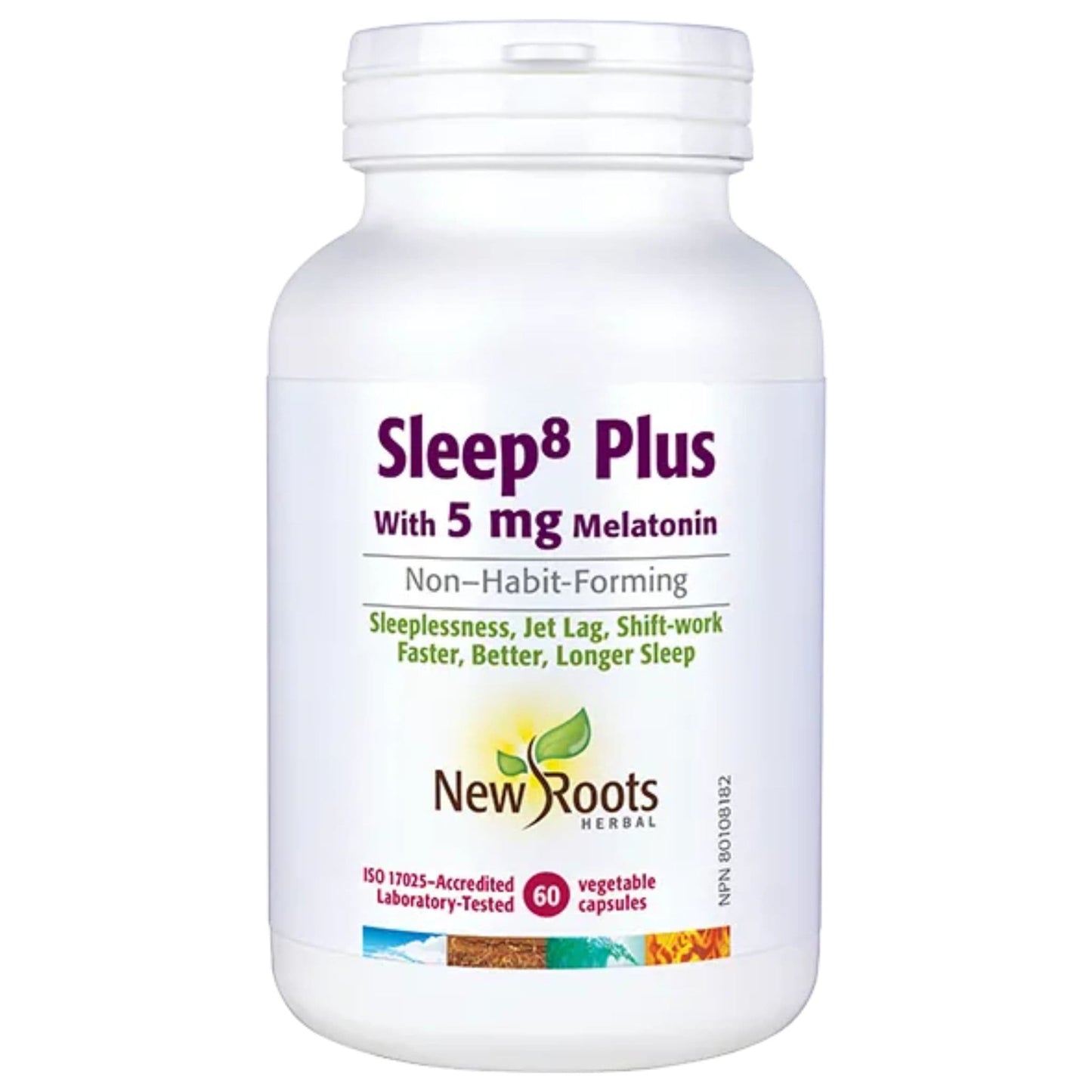 New Roots Sleep 8 Plus with Melatonin 5mg, Non–Habit-Forming, For Sleeplessness, Jet Lag, Shift-work, Faster, Better, Longer Sleep, 60 Vegetable Capsules