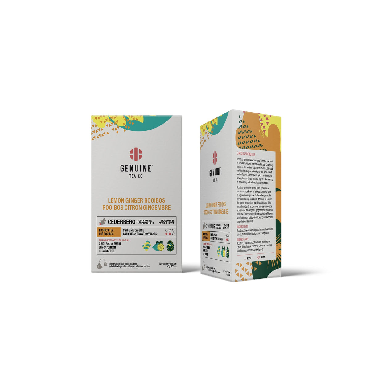 Genuine Tea Lemon Ginger Rooibos, 15 pyramid tea bags