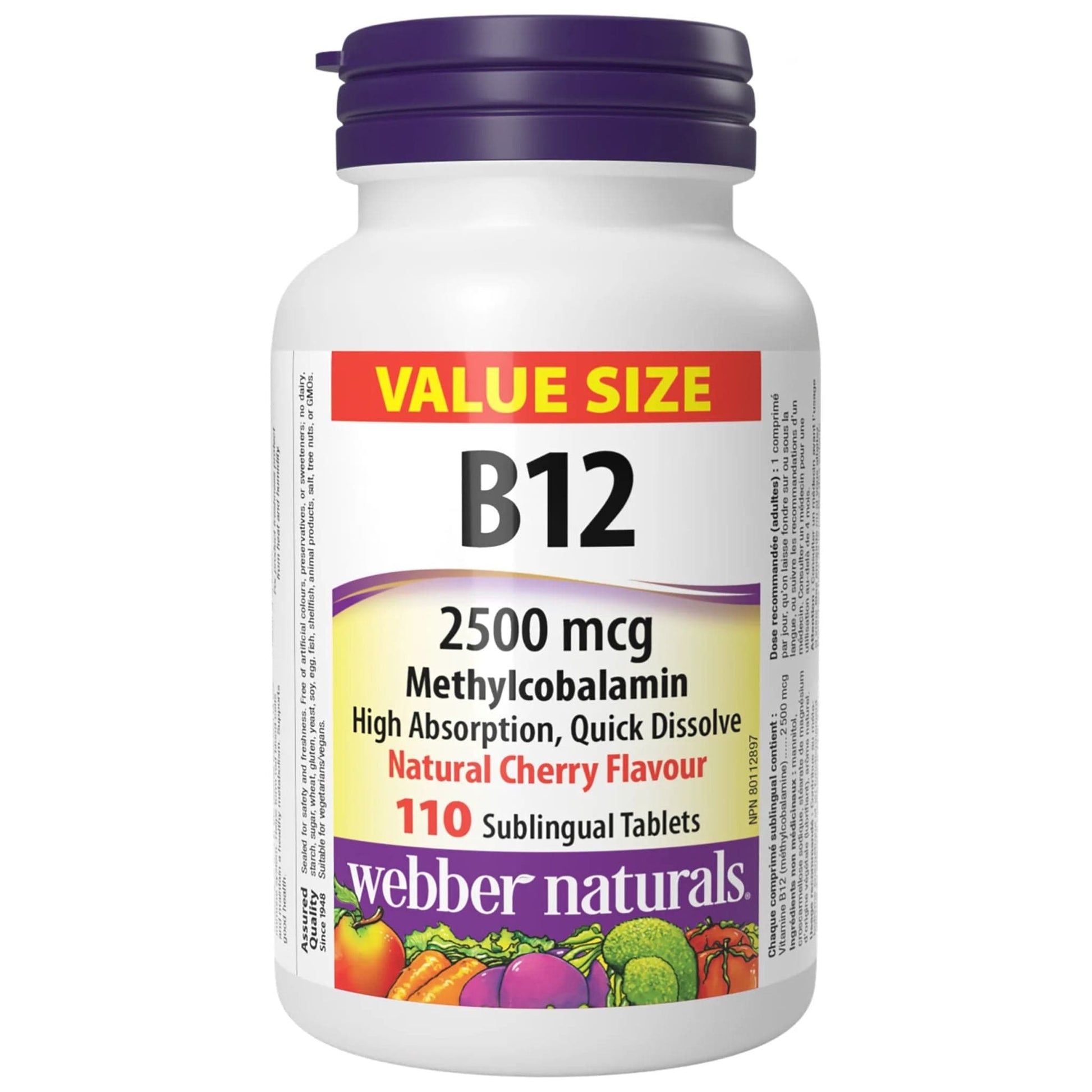 110 Time Release Tablets | Webber Naturals Vitamin B12 2500mcg Methylcobalamin // Cherry flavour