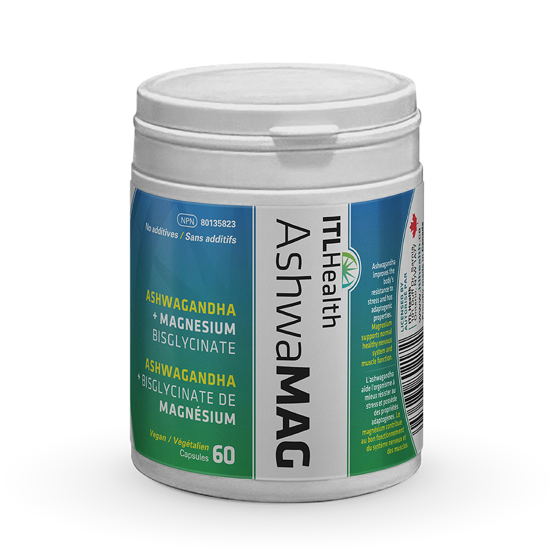 ITL Health AshwaMAG Magnesium Bisglycinate + Sensoril Ashwagandha, 60 Vegan Capsules - 60 Vegan Capsules
