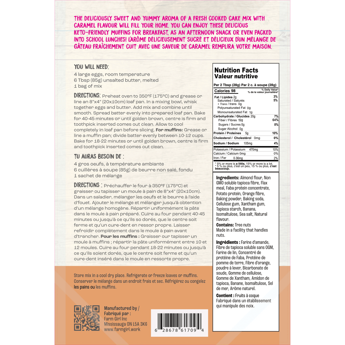 Farm Girl Keto Caramel Banana Loaf Mix, Low-Carb Keto, No Sugar Added, Gluten-Free Banana Bread, 350g