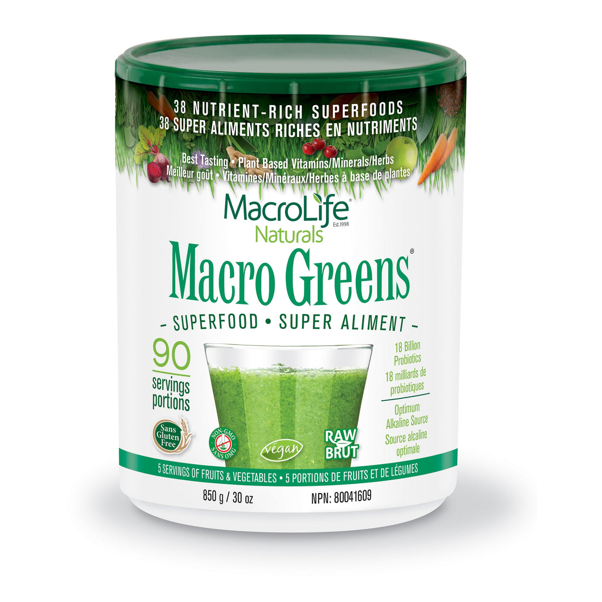 MacroLife Naturals Macro Greens Superfood Powder with 18 Billion Probiotics, 284g-850g - 850g