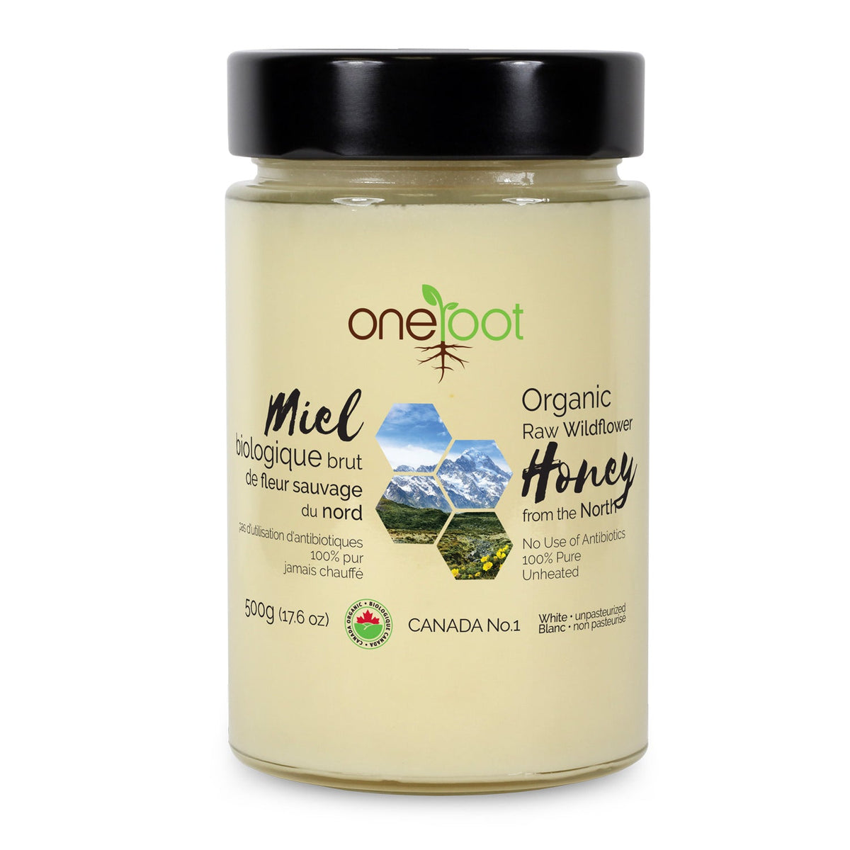 OneRoot Organic Raw Wildflower Honey, Certified Organic Unpasteurized Canadian Honey, 300g and 500g - 500g