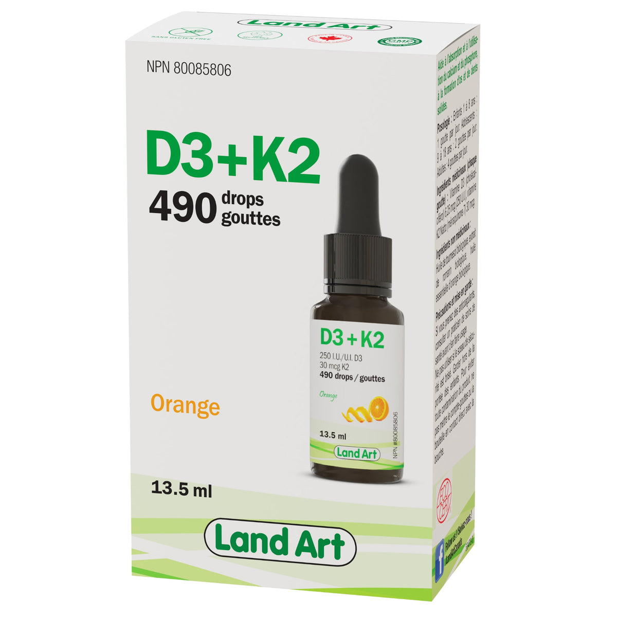 Land Art Organic Vitamin D3 + K2 Drops, 13.5ml - 13.5ml