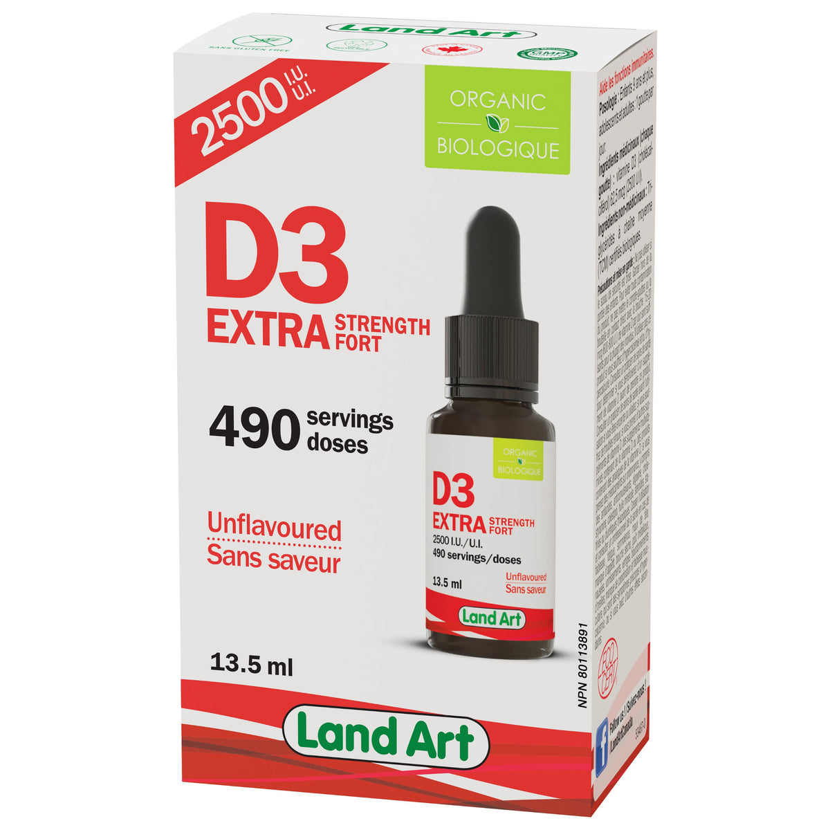Land Art Organic Vitamin D3 Liquid Drops, 13.5ml - 2500 IU