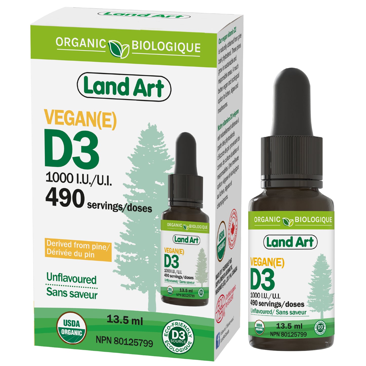 Land Art Organic Vegan Vitamin D3 1000 IU Drops, 13.5ml - 13.5ml