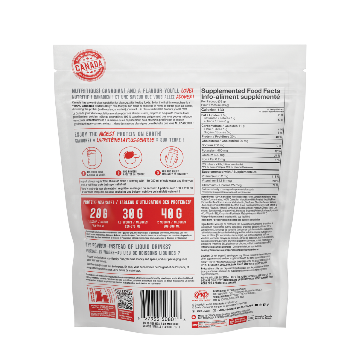 727g Vanilla Milkshake | PVL Can-Whey Canadian Whey Protein Powder Nutrition Facts and Ingredients