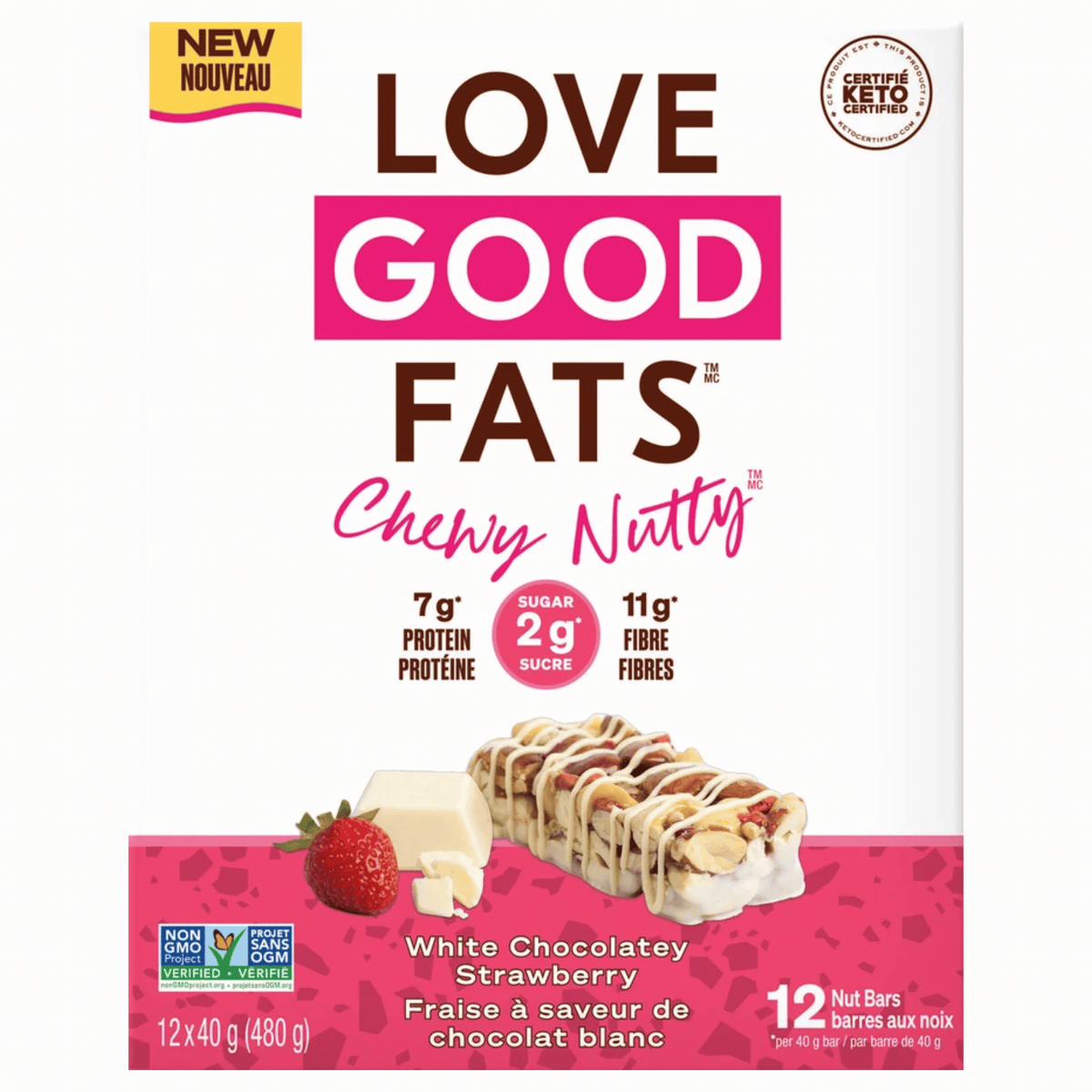 Box of 12 White Chocolatey Strawberry | Love Good Fats Chewy Nutty Bars