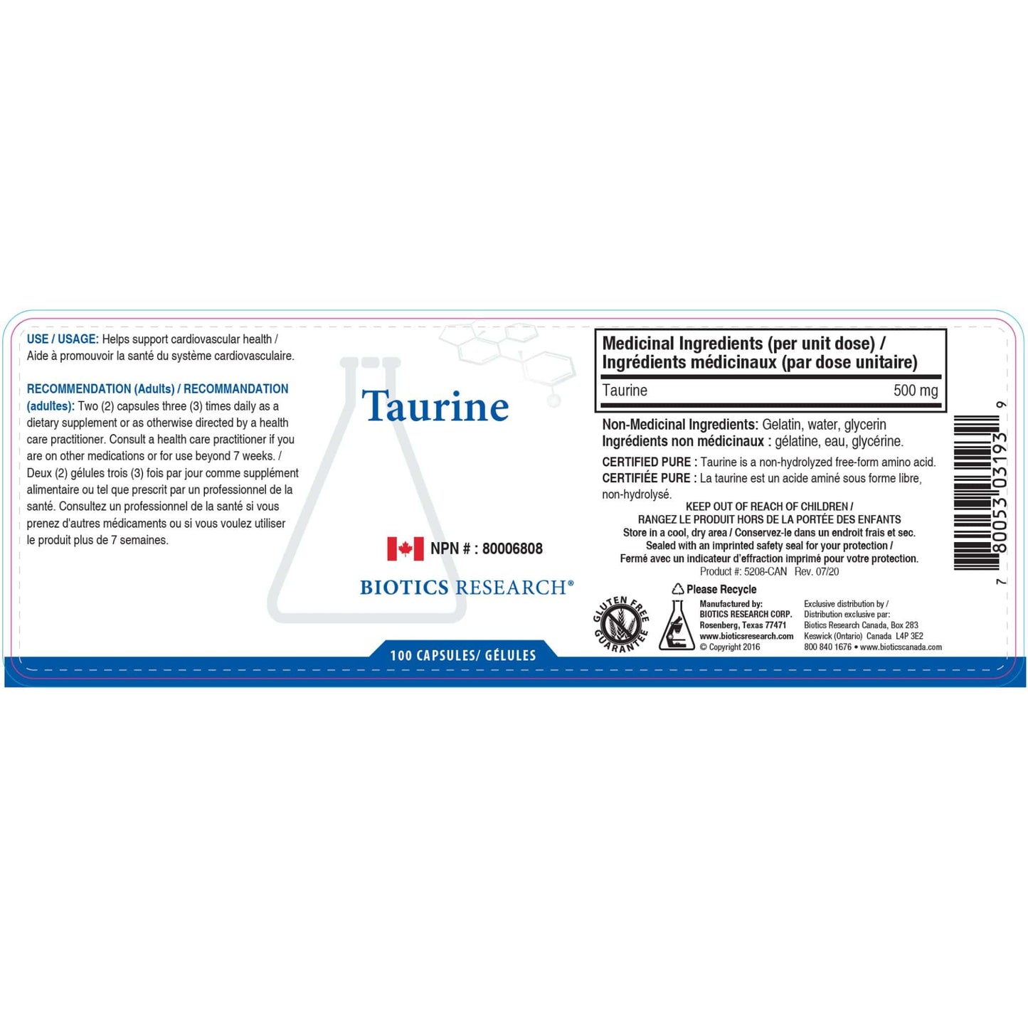 100 Capsules | Biotics Research Taurine