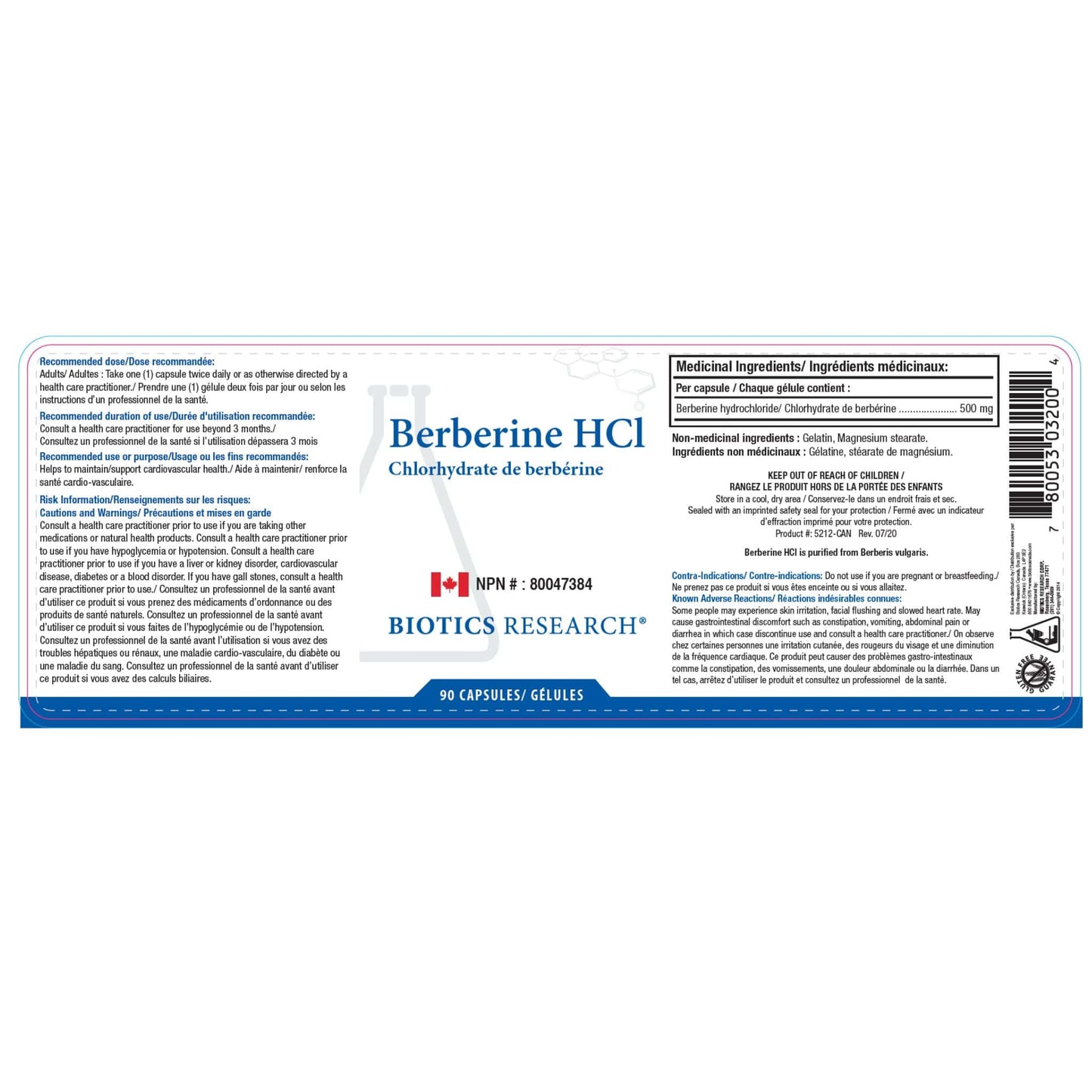 90 Capsules | Biotics Research Berberine HCI Nutrition Label