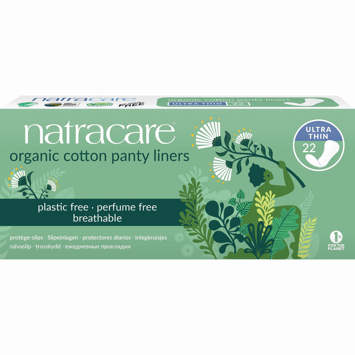 Natracare Panty Liners with Organic Cotton Cover, Mini, Normal, Long, Curved, Tanga or Ultra Thin - Ultra Thin, 22 Liners
