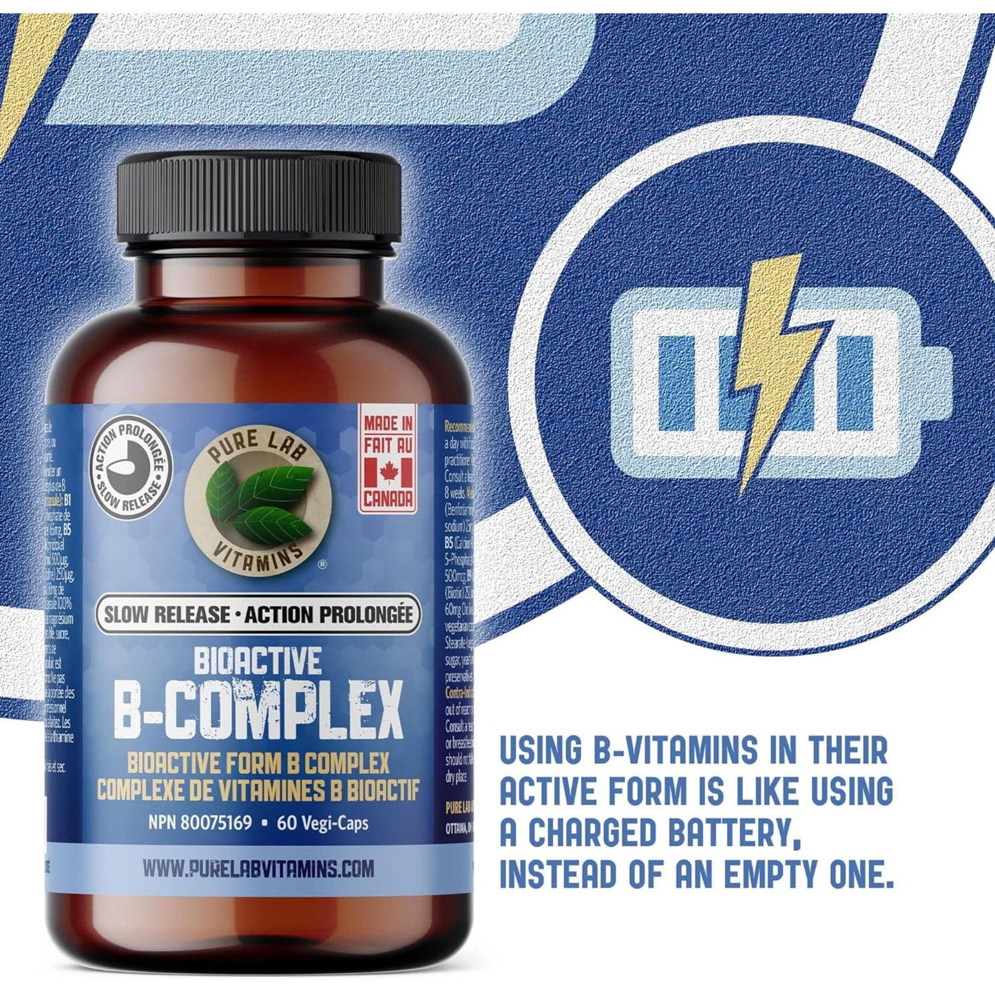 60 Vegetable Capsules | Pure Lab Vitamins Bioactive B-Complex Slow Release