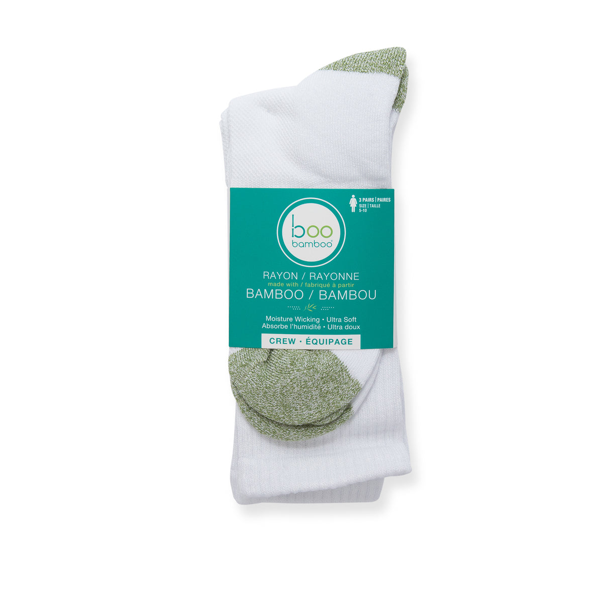 Boo Bamboo Crew Socks Women 6-10 White & Green