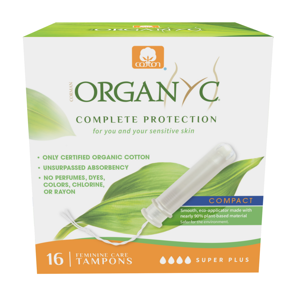 Organyc Organic Cotton Tampons, Non-Applicator, Cardboard or Compact Applicator, Regular, Super or Super Plus, 16 Tampons - Compact Applicator / Super Plus