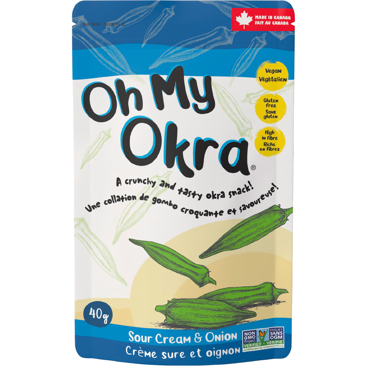 Oh My Okra Crunchy Whole Okra Snack, Lightly Salted, Lemon Dill, Spicy Sriracha, Southern BBQ or Sour Cream & Onion, Vegan, Gluten-Free, Case of 12 x 40g - Sour Cream & Onion