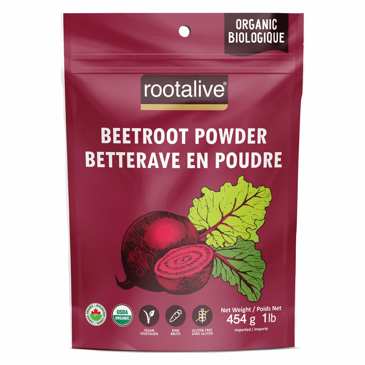 Rootalive Organic Beetroot Powder, Certified Organic Whole Beet for Nitric Oxide and Blood Flow, 200g or 454g