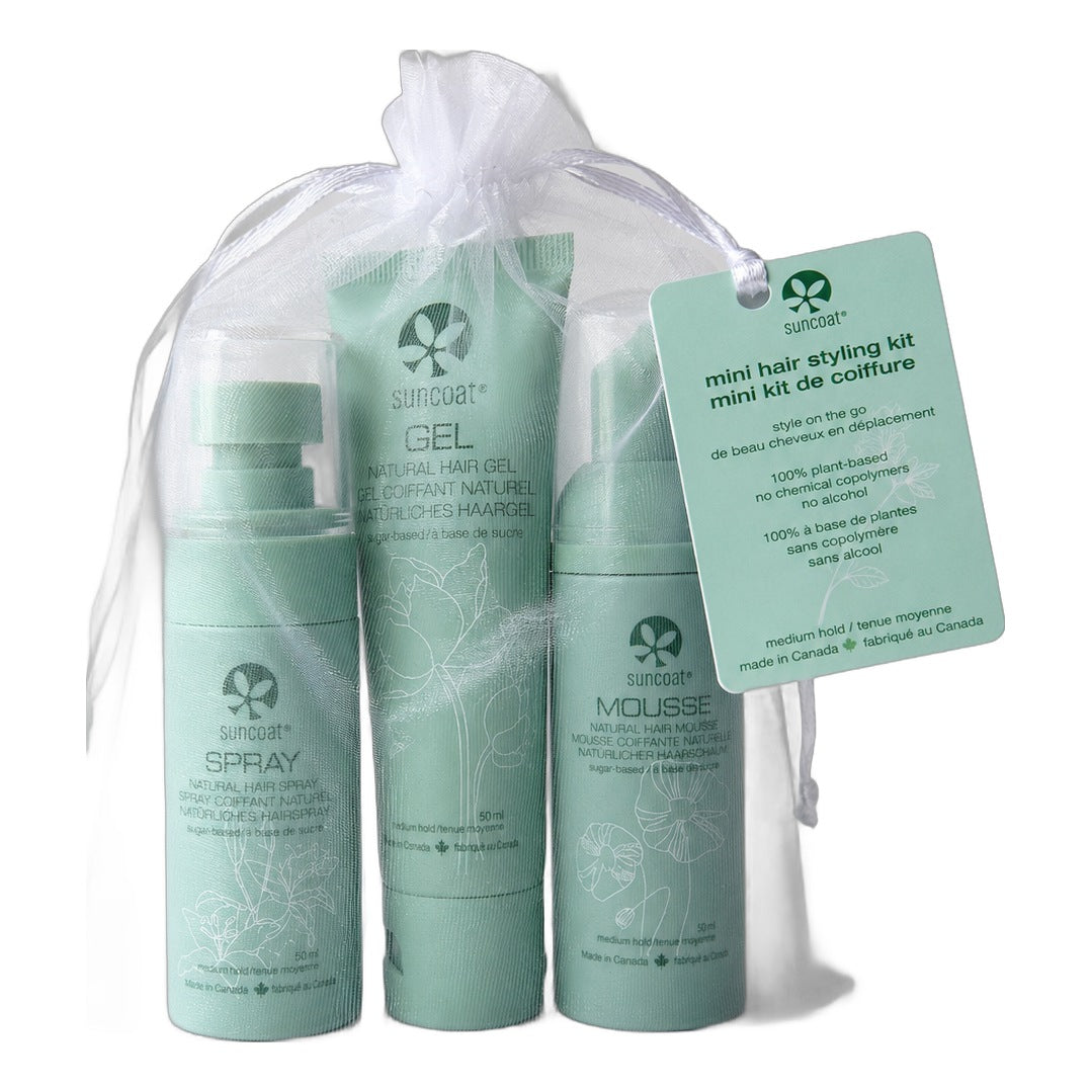 Suncoat Mini Travel Hair Styling Kit, Sugar-Based Hair Spray, Gel and Mousse, Alcohol-Free, Vegan