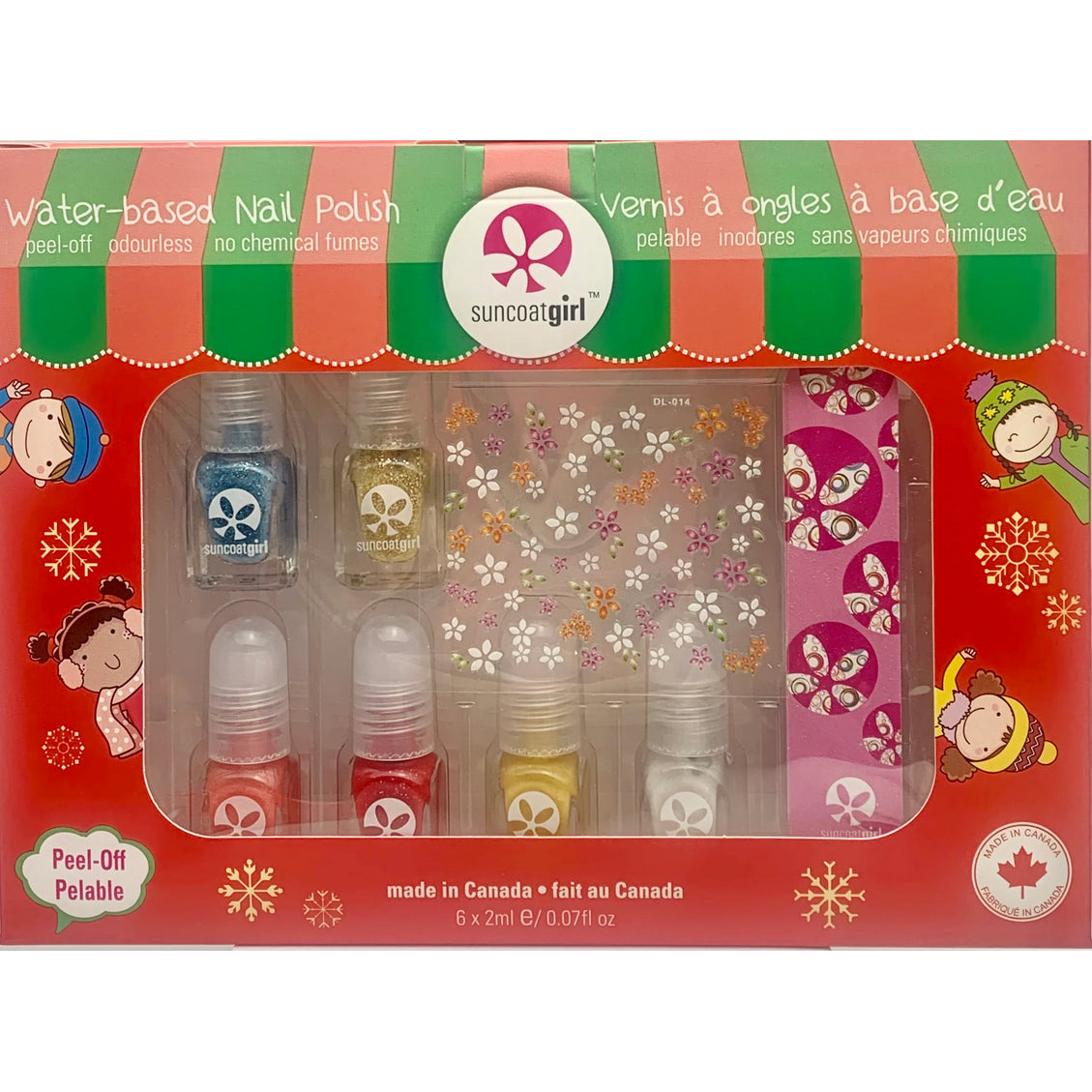 Suncoat Magic Mini Mani Holiday Nail Kit, 6 Water-Based Peel-Off Kids Nail Polishes with Gold Glitter, Holiday Decals and Nail File
