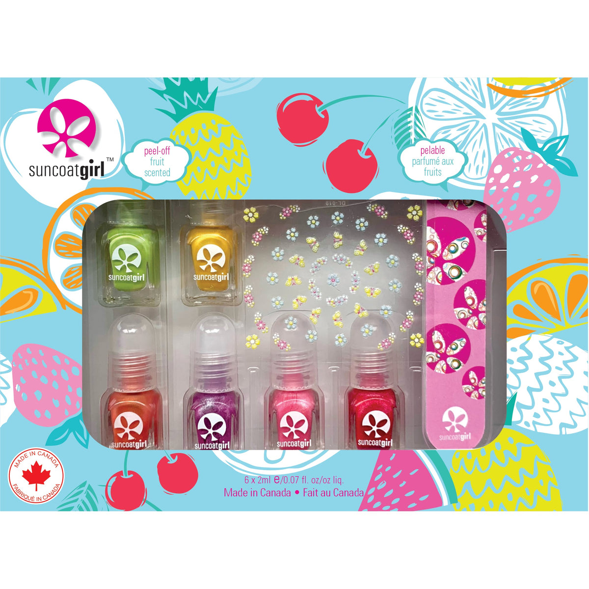Suncoat Fresh & Fruity Scented Nail Polish Kit, 6 x 2ml Water-Based Peel-Off Kids Nail Polishes with Nail Stickers and Nail File
