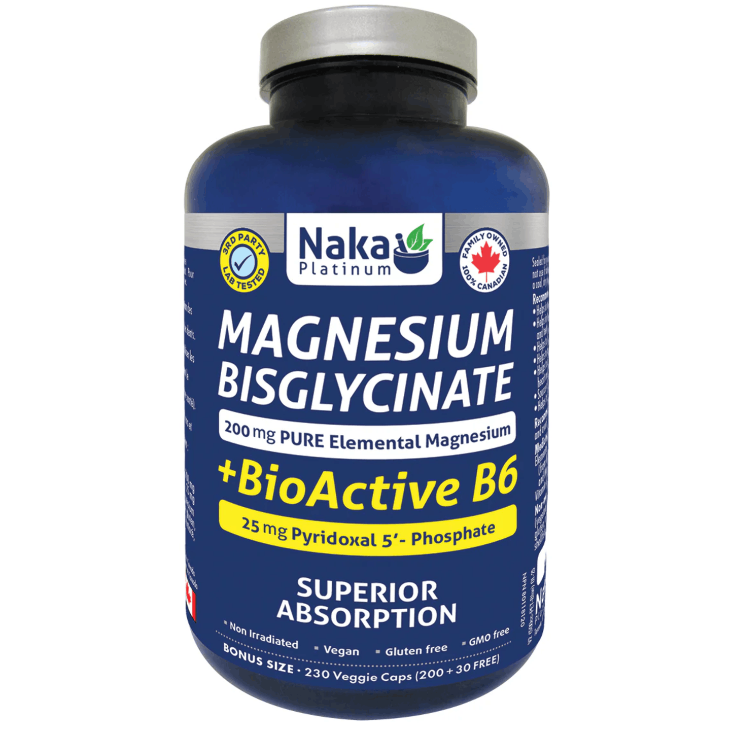 230 Vegetable Capsules | Naka Platinum Magnesium Bislgycinate Plus Bioactive B6