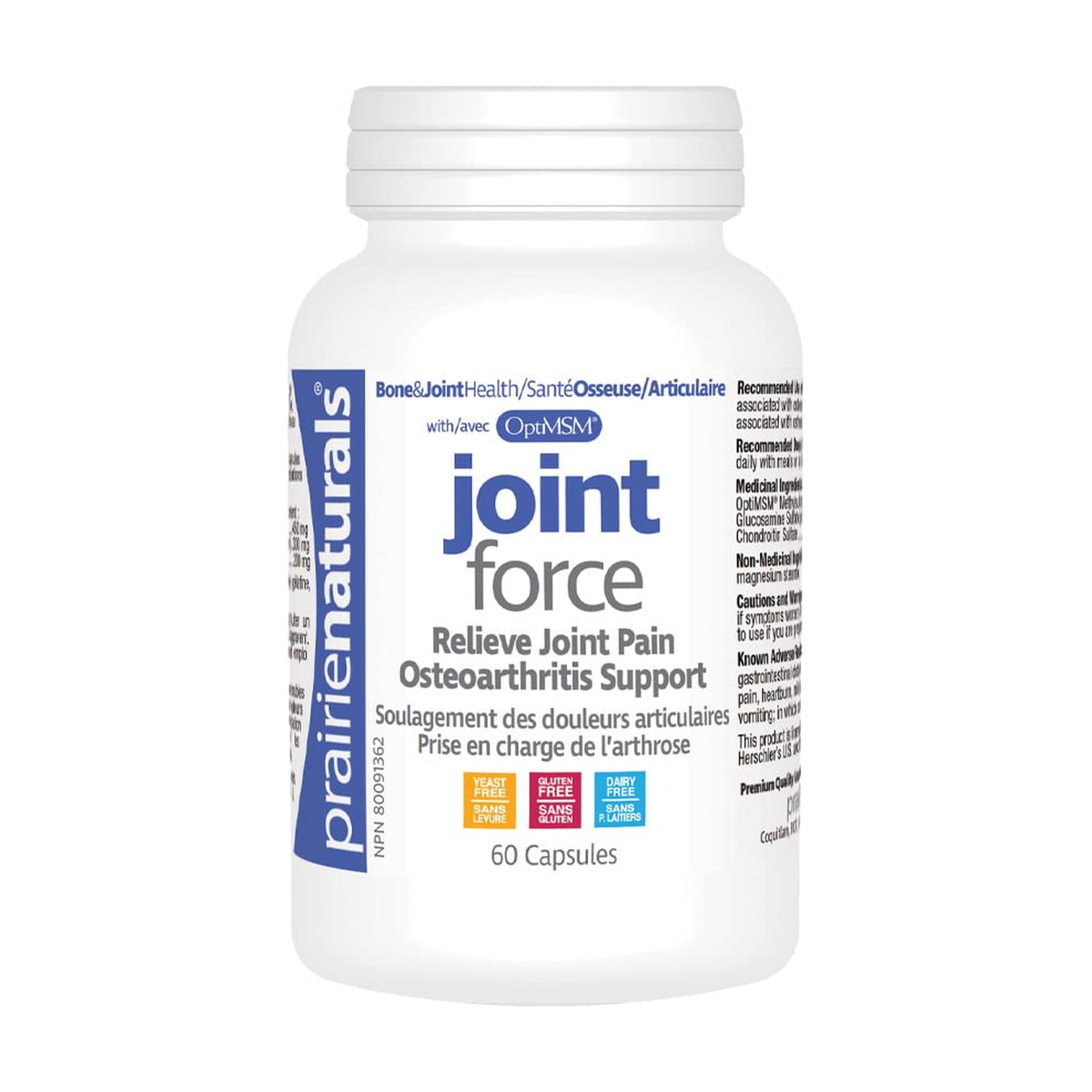 Prairie Naturals Joint Force with OptiMSM, Glucosamine Sulfate and Chondroitin, Relieves Osteoarthritis Joint Pain, 60 Capsules