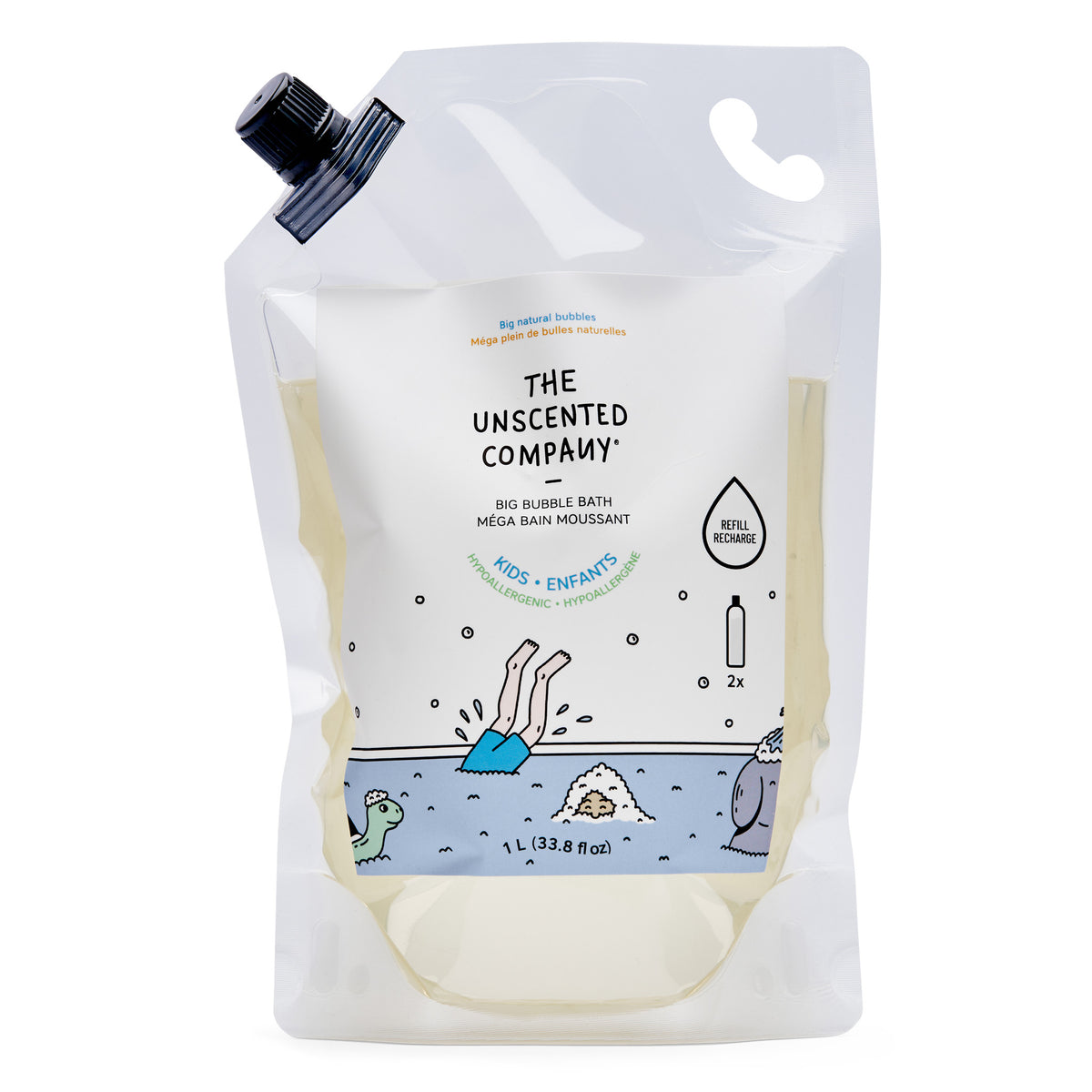 The Unscented Company Kids Big Bubble Bath Refill Bag, Fragrance-Free and Dye-Free Bubble Bath for Children, Made in Canada, 1L
