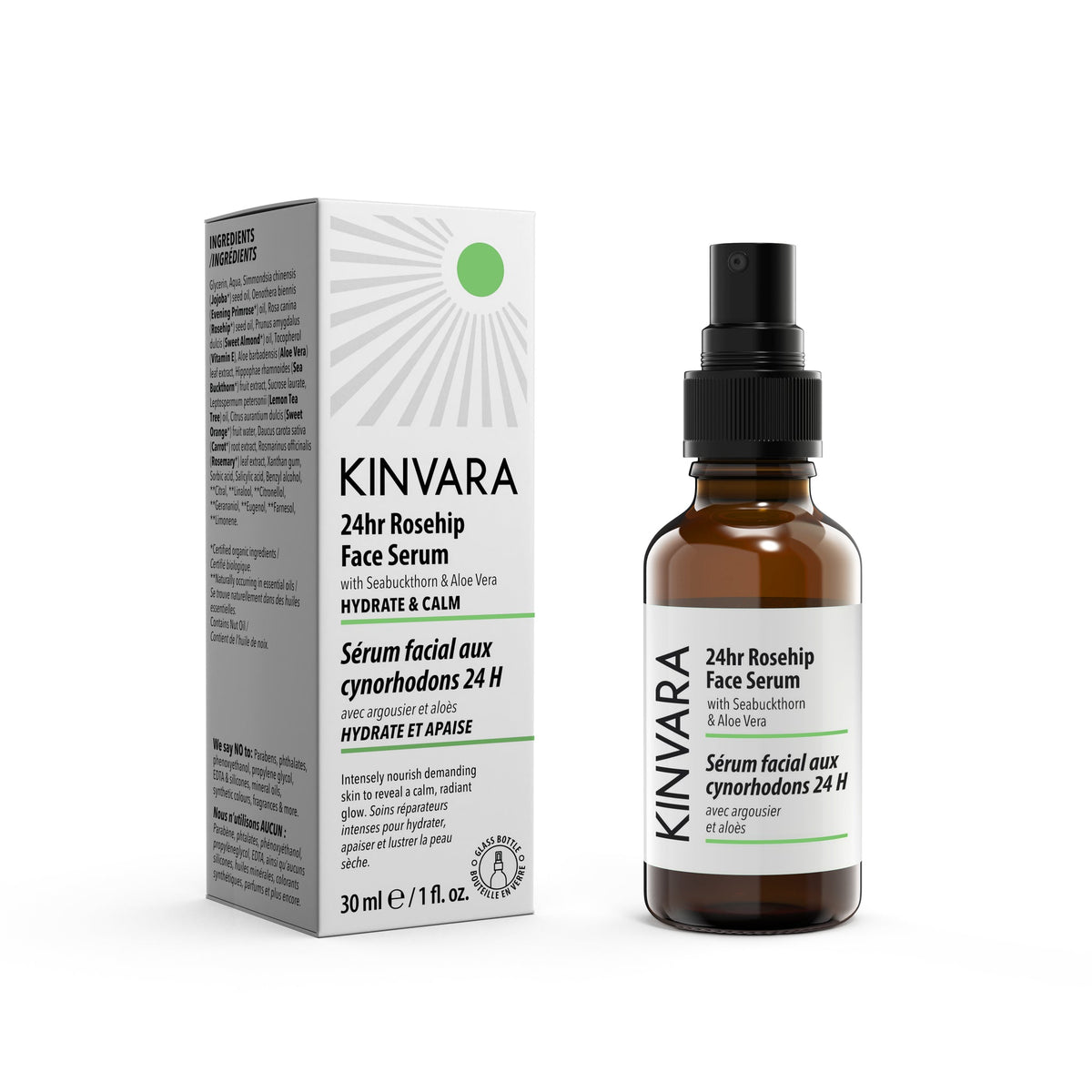 Kinvara 24HR Rosehip Face Serum, Hydrating Vegan Facial Serum with Sea Buckthorn, 30ml